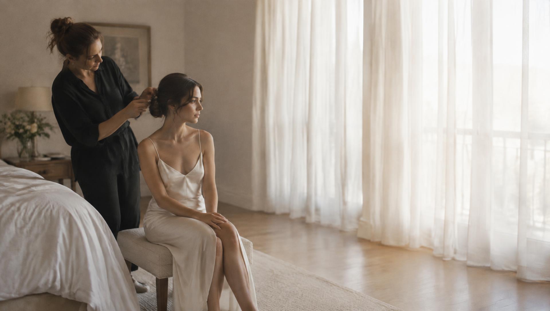 A bride in a silk slip having her hair pinned in a bright bedroom on the morning of a wedding