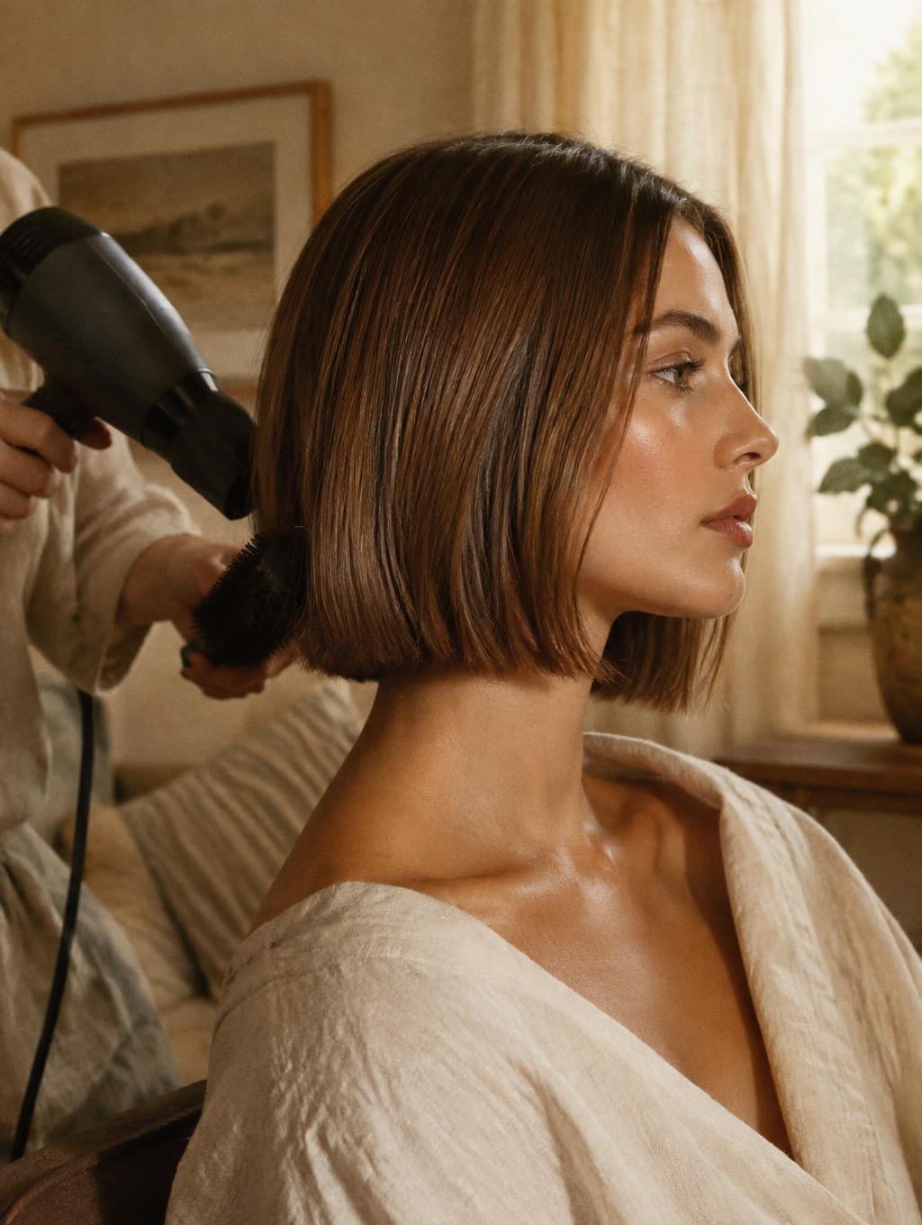 A chin length bob being blow dried smooth in profile beside a bedroom window