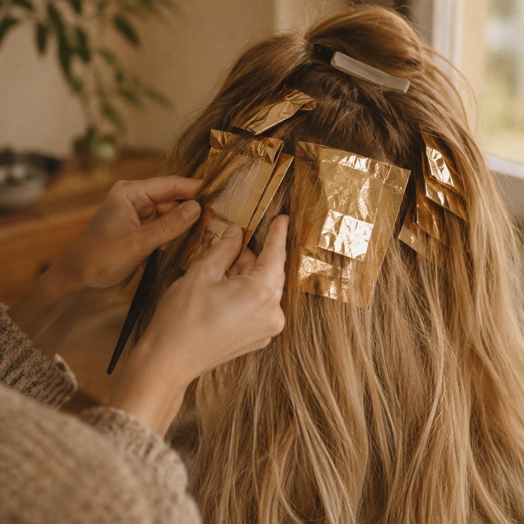 Foils being placed through the roots of long blonde hair at a kitchen table