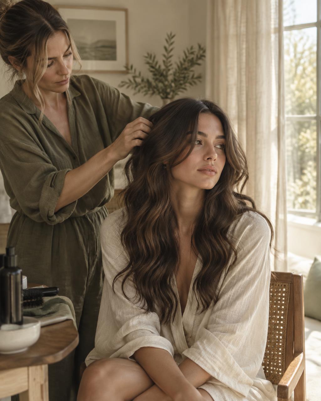 A stylist standing behind a seated client, working through her long wavy brunette hair beside a sunlit window at home