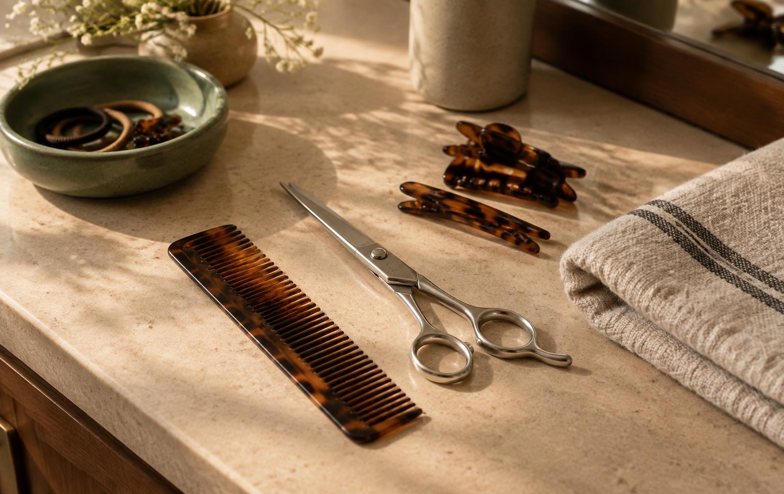 Scissors, sectioning clips and a folded linen towel laid out on a warm timber surface