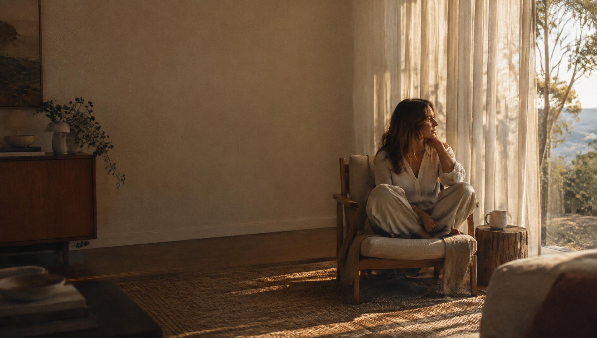 A woman with freshly styled hair sitting quietly in an armchair by a curtained window in the late afternoon