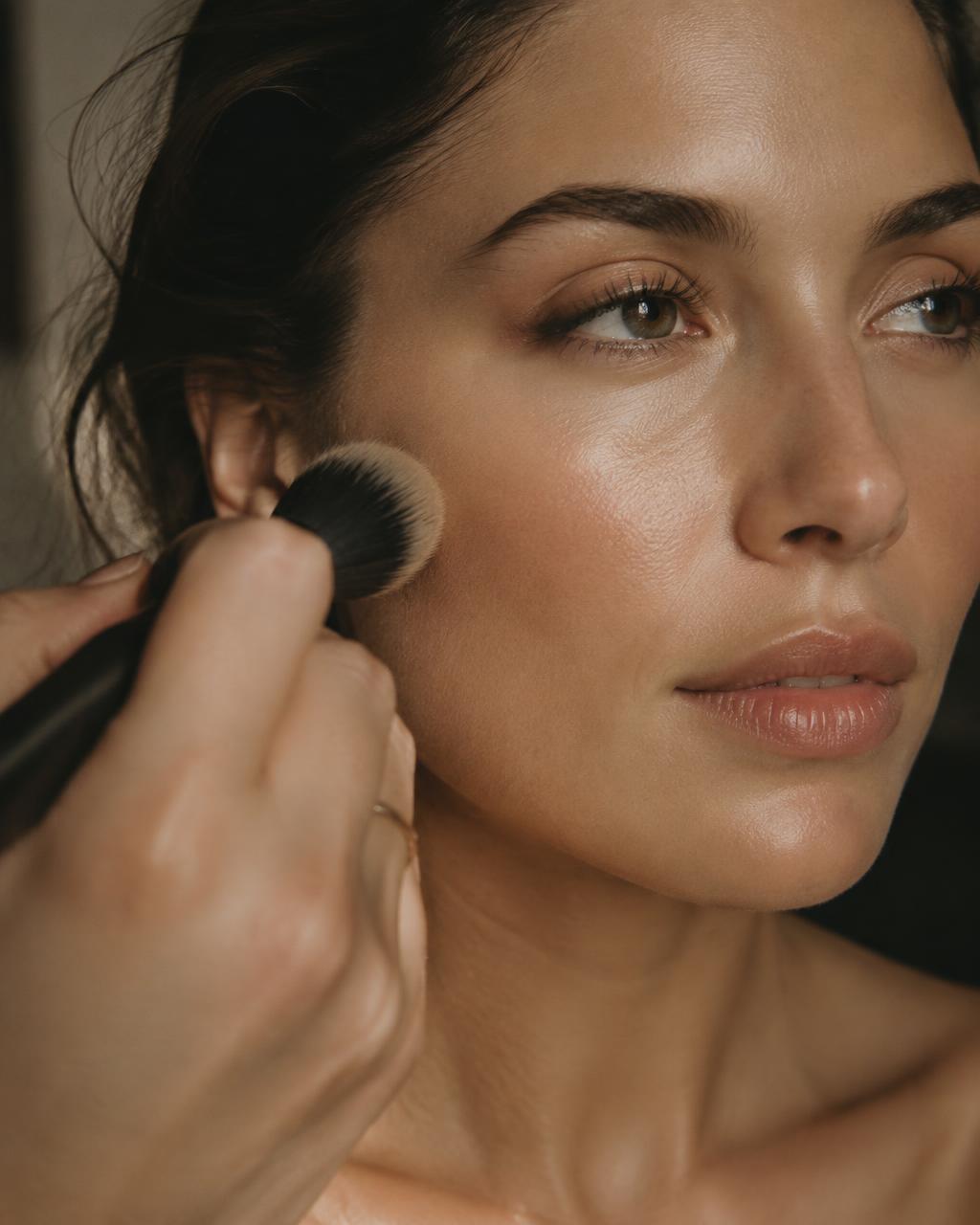 A makeup artist blending soft neutral colour across a client's cheekbone