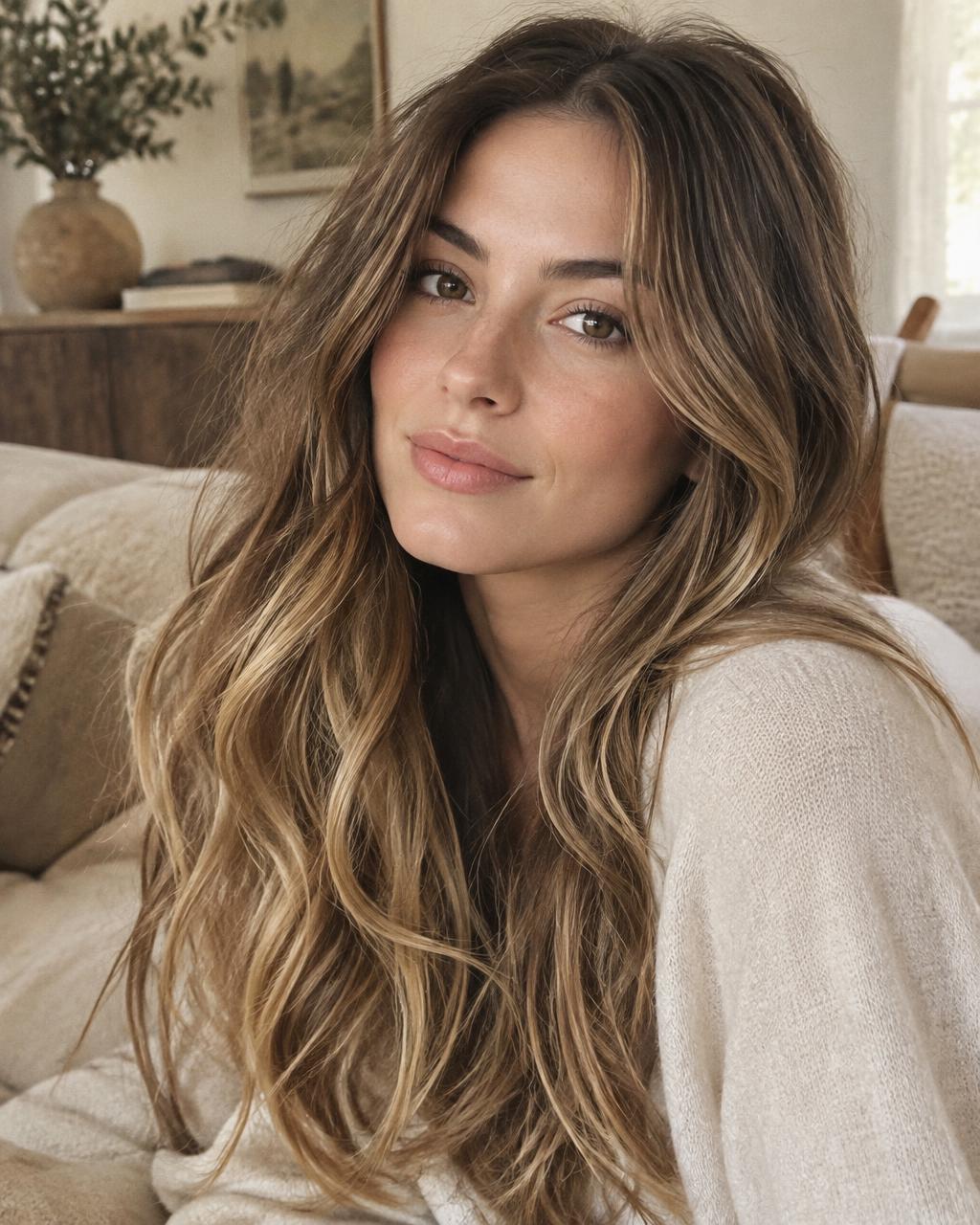 Long brunette hair with soft honey balayage through the ends, worn loose in a living room