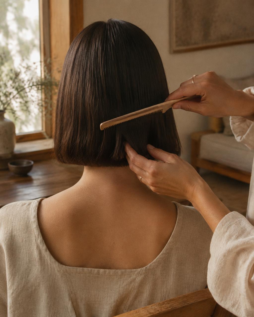 A blunt collarbone cut being combed through from behind, in warm window light at home