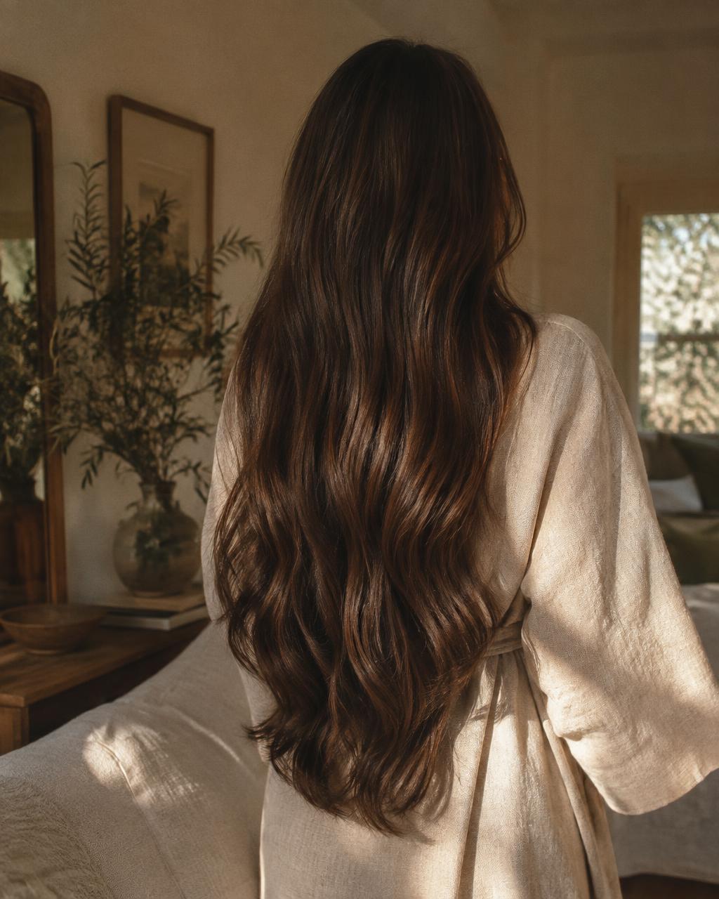Very long thick brunette hair falling in soft waves down the back of a linen robe