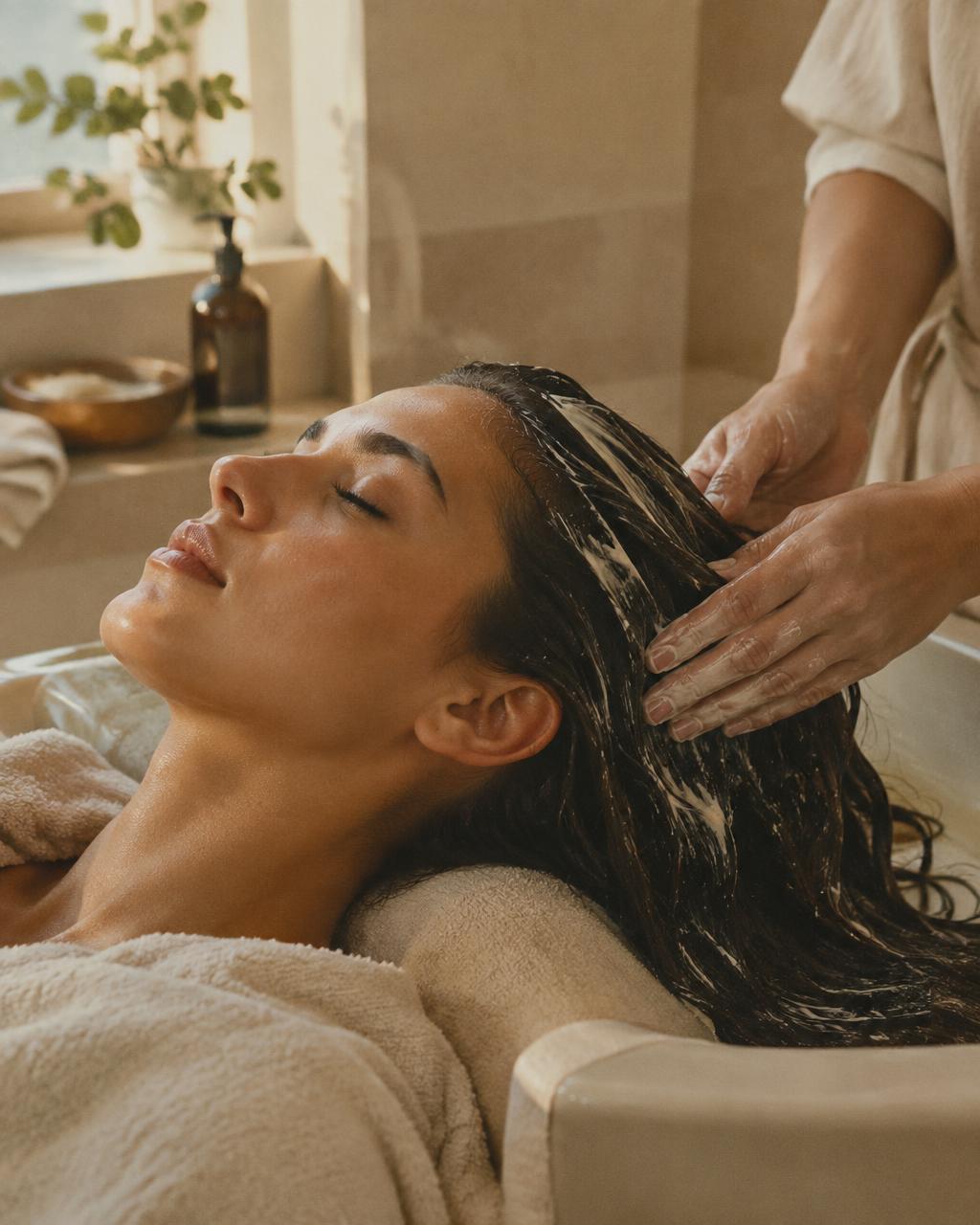 A client reclined at a portable basin while a treatment is smoothed through her wet dark hair