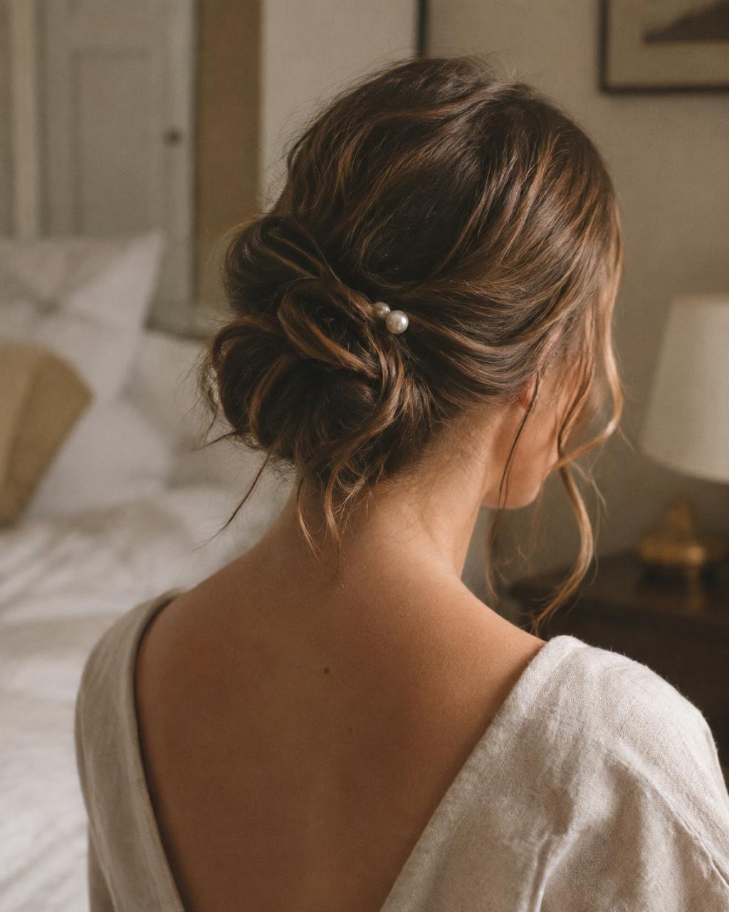 A soft low chignon pinned with a single pearl pin, photographed from behind in a bedroom