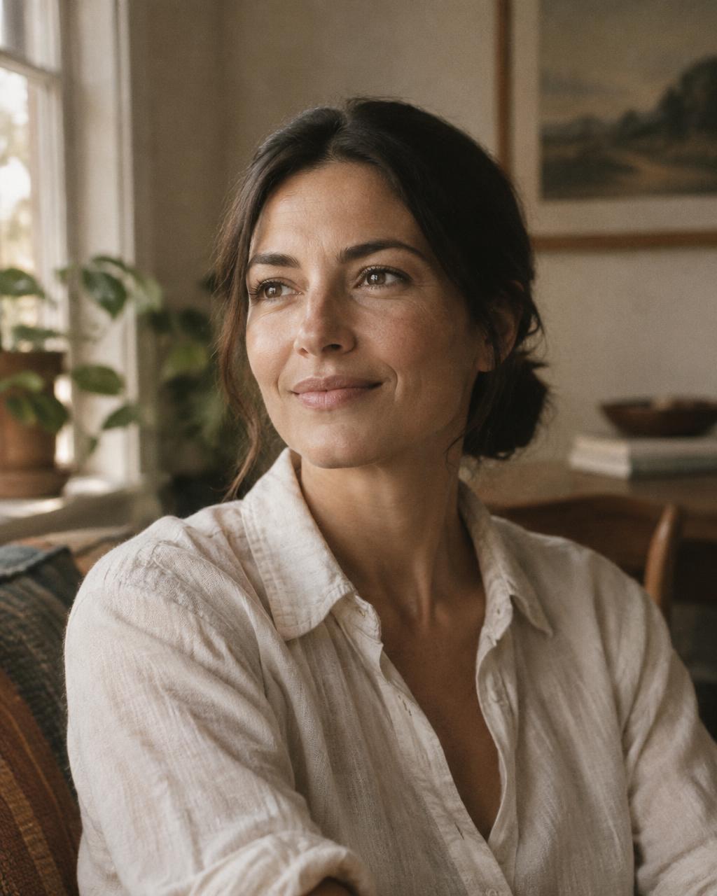 Eloise, a stylist with dark hair tied back, sitting in a sunlit living room in a linen shirt