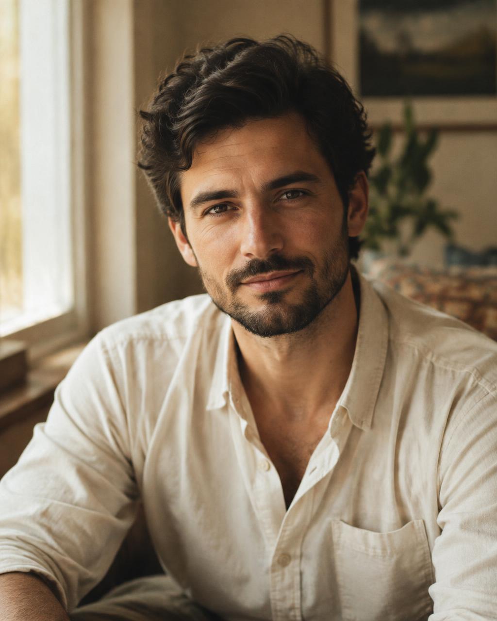 Jonah, a stylist with dark hair and a short beard, in a cream shirt by a window