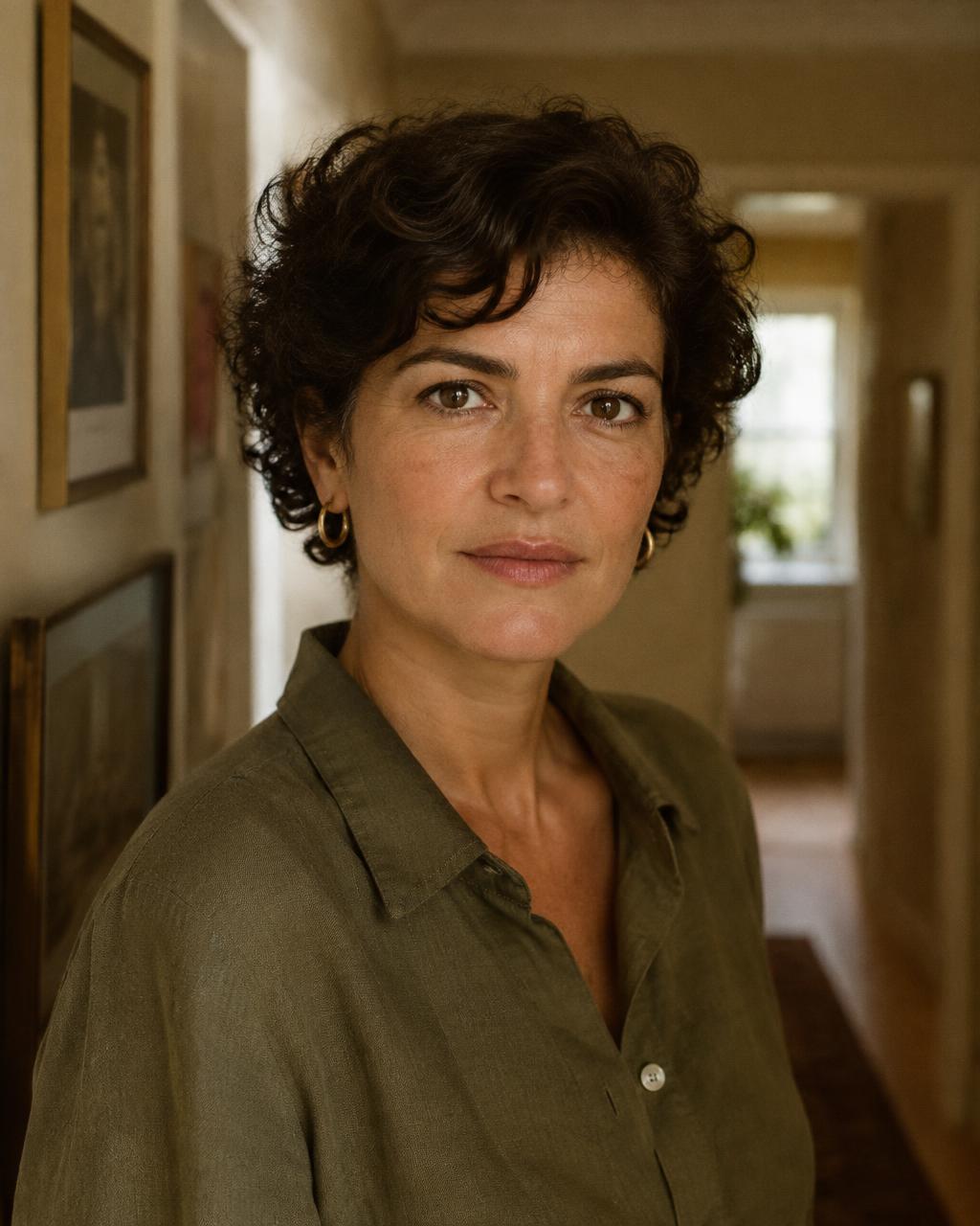 Marisa, a stylist with short dark curls, standing in a hallway hung with framed prints