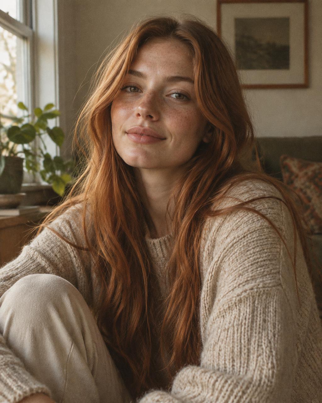 Priya, a stylist with long copper hair, in an oat coloured knit beside a window